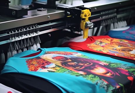 Illustration of DTG printing applying detailed, full-color designs directly onto fabric.