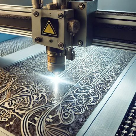 Laser engraving tool creating detailed designs on a metal plate.