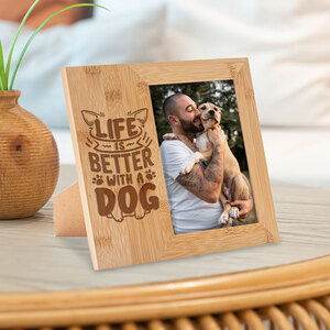 bamboo picture frame with man and dog